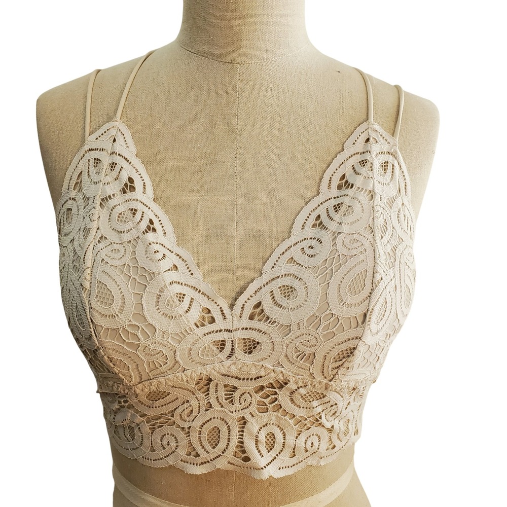 PINK Lace Boho Bralette Padded Adjustable Straps Beige Top Size M
